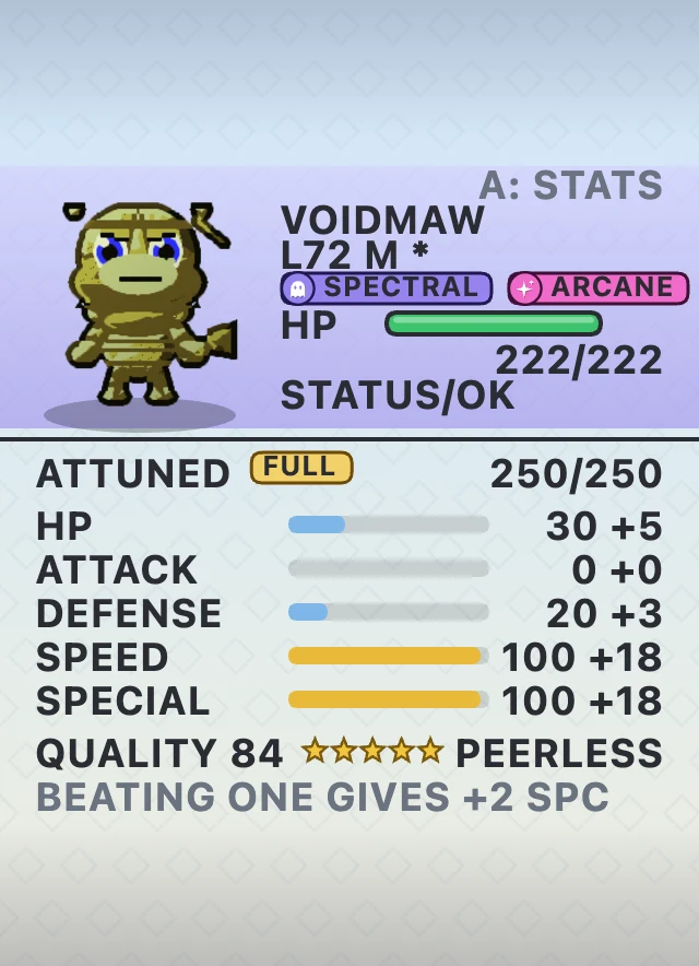 A summary page: a luminous Voidmaw fully attuned, 250 of 250, with SPEED and SPECIAL at 100 each, quality 84, peerless