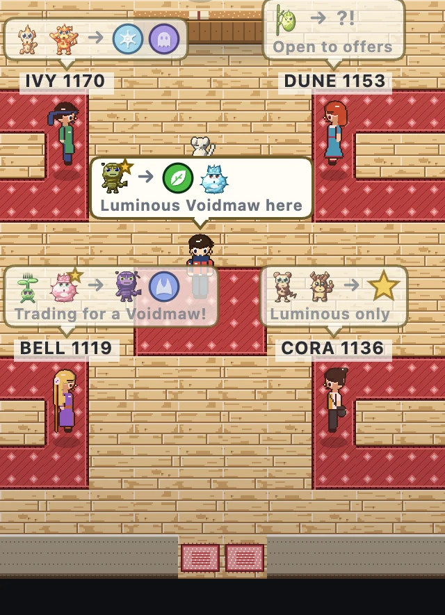 The Trading Hall: five Spellbinders, each with a listing bubble showing the familiars they offer and what they want