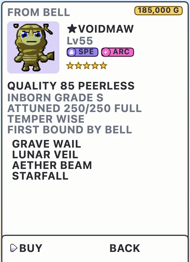 A Market lot: a luminous Voidmaw of quality 85, inborn grade S, fully attuned, for 185,000 gold