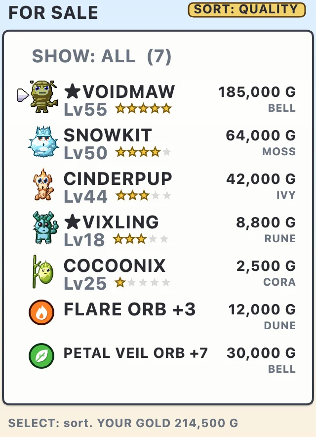 The Market: familiars and memory orbs for sale, sorted by quality, with stars and prices